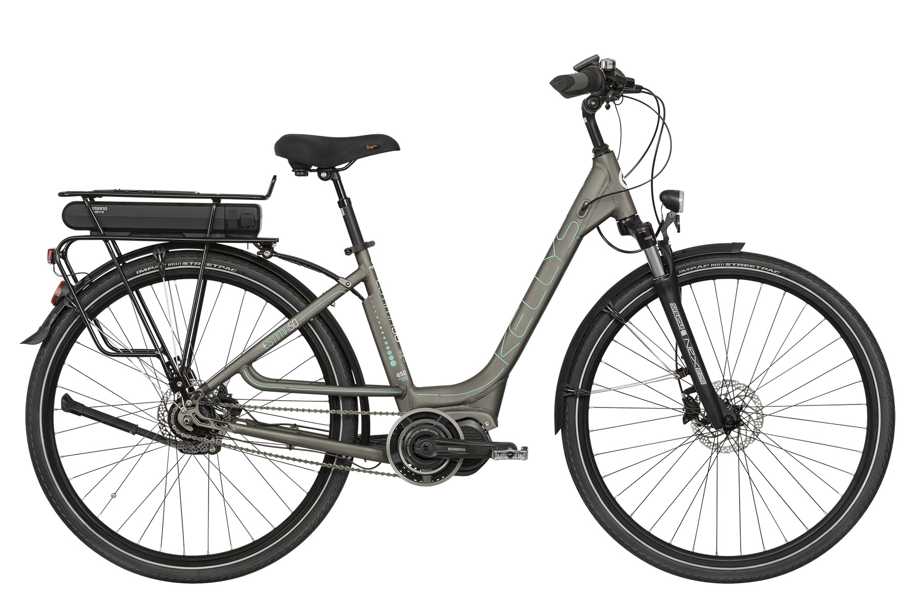 <strong>Ebike Kellys Estima 50,&nbsp;</strong>o bicicleta de oras cu 7 viteze in butuc si motor electric&nbsp;SHIMANO Steps E5000.</p><p><strong>City bike electric, </strong>cu cadrul usor de dama, echipata cu frane hidraulice Shimano si 2 ani garantie in magazinul Doua Roti.</p><p><strong>Cadru:</strong>&nbsp;KELLYS e-Power Aluminium alloy monotube 28<br /><strong>Marime Cadru:</strong>&nbsp;450mm (S) / 480mm (M)<br /><strong>E-unit drive:</strong>&nbsp;SHIMANO Steps E5000, 36V / battery SHIMANO BT-E6000, 418Wh / capacity 11.6Ah<br /><strong>Furca:</strong>&nbsp;SR SUNTOUR NEX-E25 HLO, 63mm, coil / Speed Lockout (threaded steerer 28.6mm)<br /><strong>Set cuveta:</strong>&nbsp;TH semi-integrated (threaded)<br /><strong>Anfrenaj:</strong>&nbsp;SHIMANO Steps E5000 (38) - length 175mm<br /><strong>Manete schimbator:</strong>&nbsp;SHIMANO Nexus SL-7S31 Revoshift / SW-E6010 switch for motor assist<br /><strong>Viteze:</strong>&nbsp;7<br /><strong>Pinion:</strong>&nbsp;SHIMANO for internal hub 18T<br /><strong>Lant:</strong>&nbsp;KMC Z33 (108 links)<br /><strong>Frane:</strong>&nbsp;SHIMANO M315 Hydraulic Disc<br /><strong>Butuci:</strong>&nbsp;SHIMANO TX505 Disc / SHIMANO Nexus C3001 Inter-7 Disc - Center Lock (36 holes)<br /><strong>Jante:</strong>&nbsp;KELLYS Scart 622x20 (36 holes)<br /><strong>Spite:</strong>&nbsp;stainless steel black<br /><strong>Anvelope:</strong>&nbsp;SCHWALBE Energizer Life 47-622 (28x1.75) ReflectiveLine<br /><strong>Pipa:</strong>&nbsp;KALLOY - adjustable - diam 25.4mm / length 90mm<br /><strong>Ghidon:</strong>&nbsp;steel RiseBar - diam 25.4mm / width 610mm<br /><strong>Mansoane:</strong>&nbsp;KLS 2Density ergonomic<br /><strong>Tija Sa:</strong>&nbsp;suspension - diam 27.2mm / length 350mm<br /><strong>Sa:</strong>&nbsp;SELLE ROYAL Freedom Royalgel<br /><strong>Pedale:</strong>&nbsp;VP NonSlip - alloy<br /><strong>Lumina Fata:</strong>&nbsp;LED E-bike<br /><strong>Lumina Spate:</strong>&nbsp;LED E-bike<br /><strong>Aparatori:</strong>&nbsp;RPZ<br /><strong>Accesorii:</strong>&nbsp;alloy carrier, kickstand, bell<br /><strong>Motor:</strong>&nbsp;SHIMANO Steps E5000, 36V